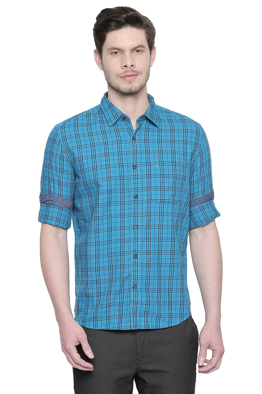 BASICS SLIM FIT ENAMEL BLUE TWILL CHECKS SHIRT