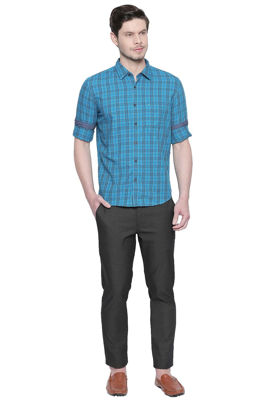 BASICS SLIM FIT ENAMEL BLUE TWILL CHECKS SHIRT