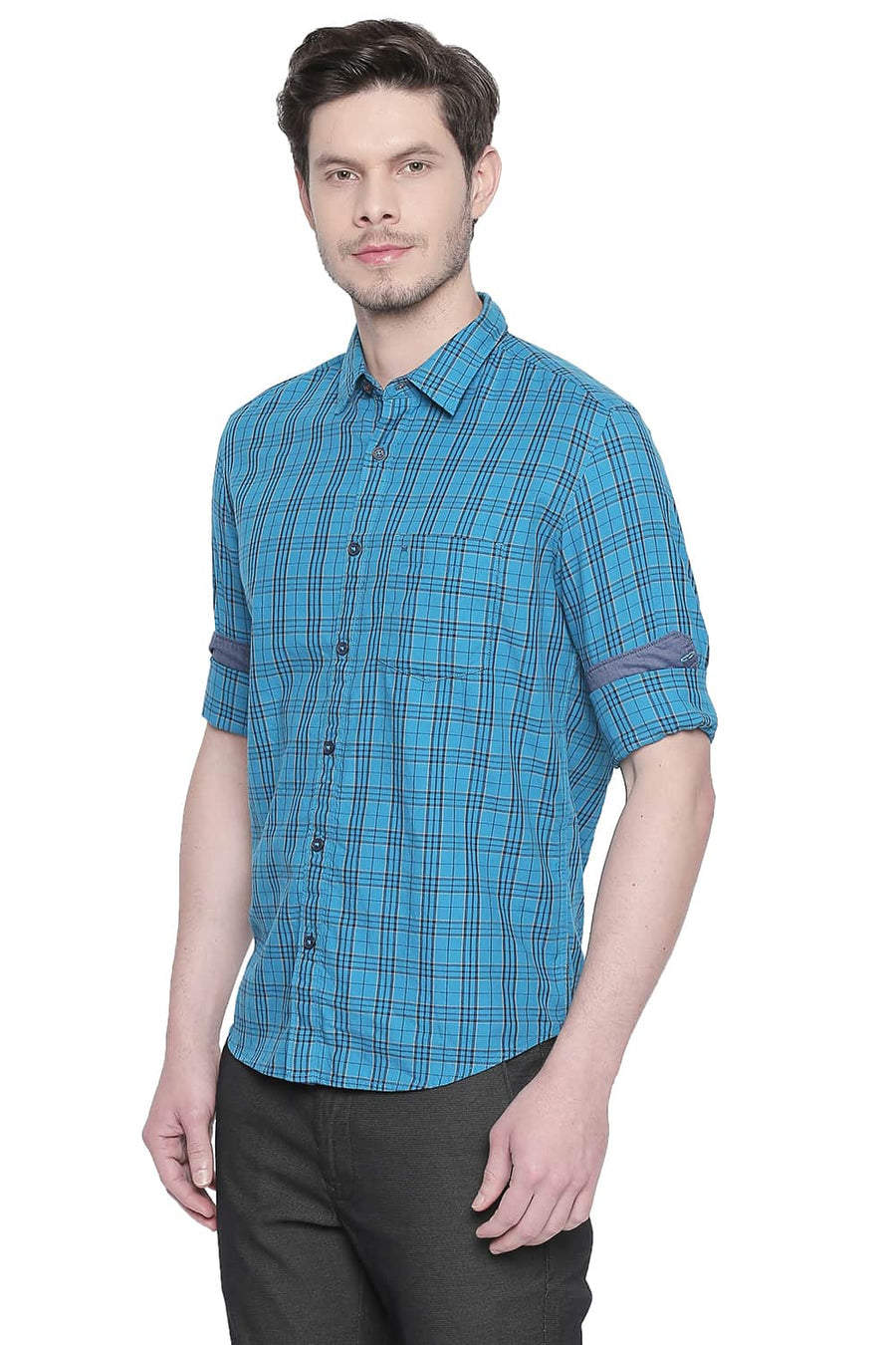 BASICS SLIM FIT ENAMEL BLUE TWILL CHECKS SHIRT
