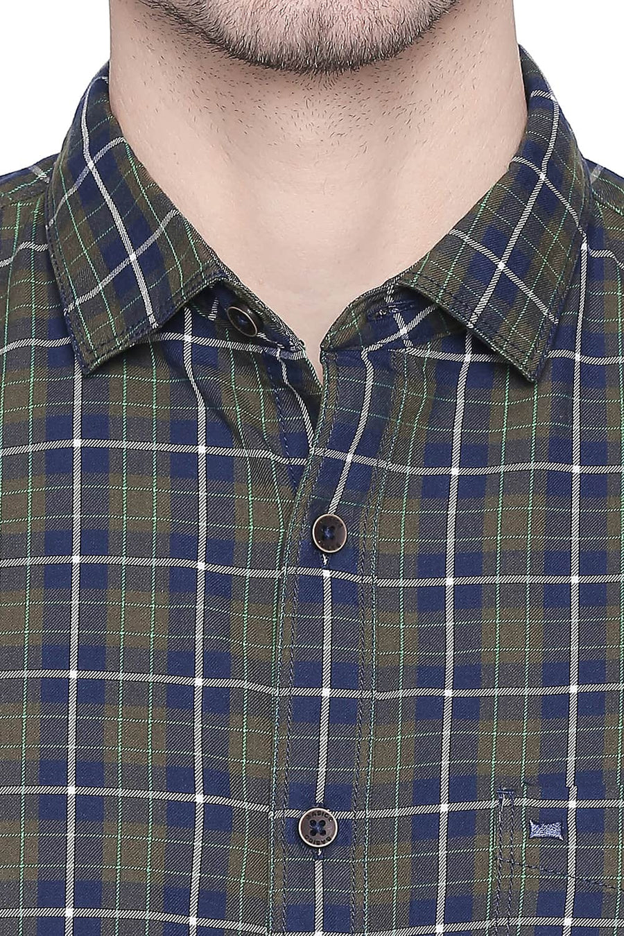 BASICS SLIM FIT OLIVE GREEN TWILL CHECKS SHIRT
