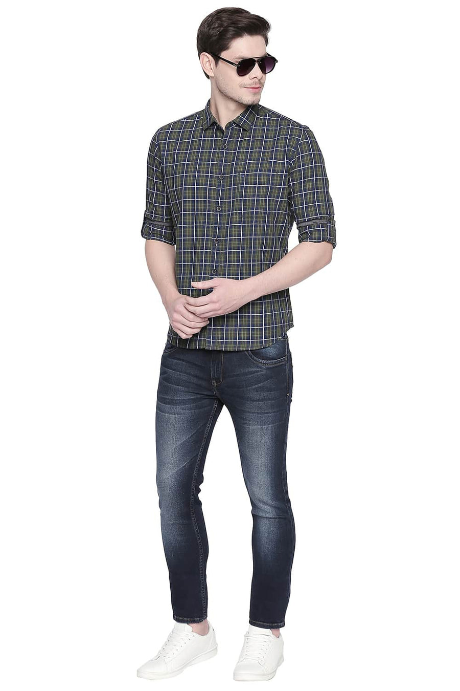 BASICS SLIM FIT OLIVE GREEN TWILL CHECKS SHIRT