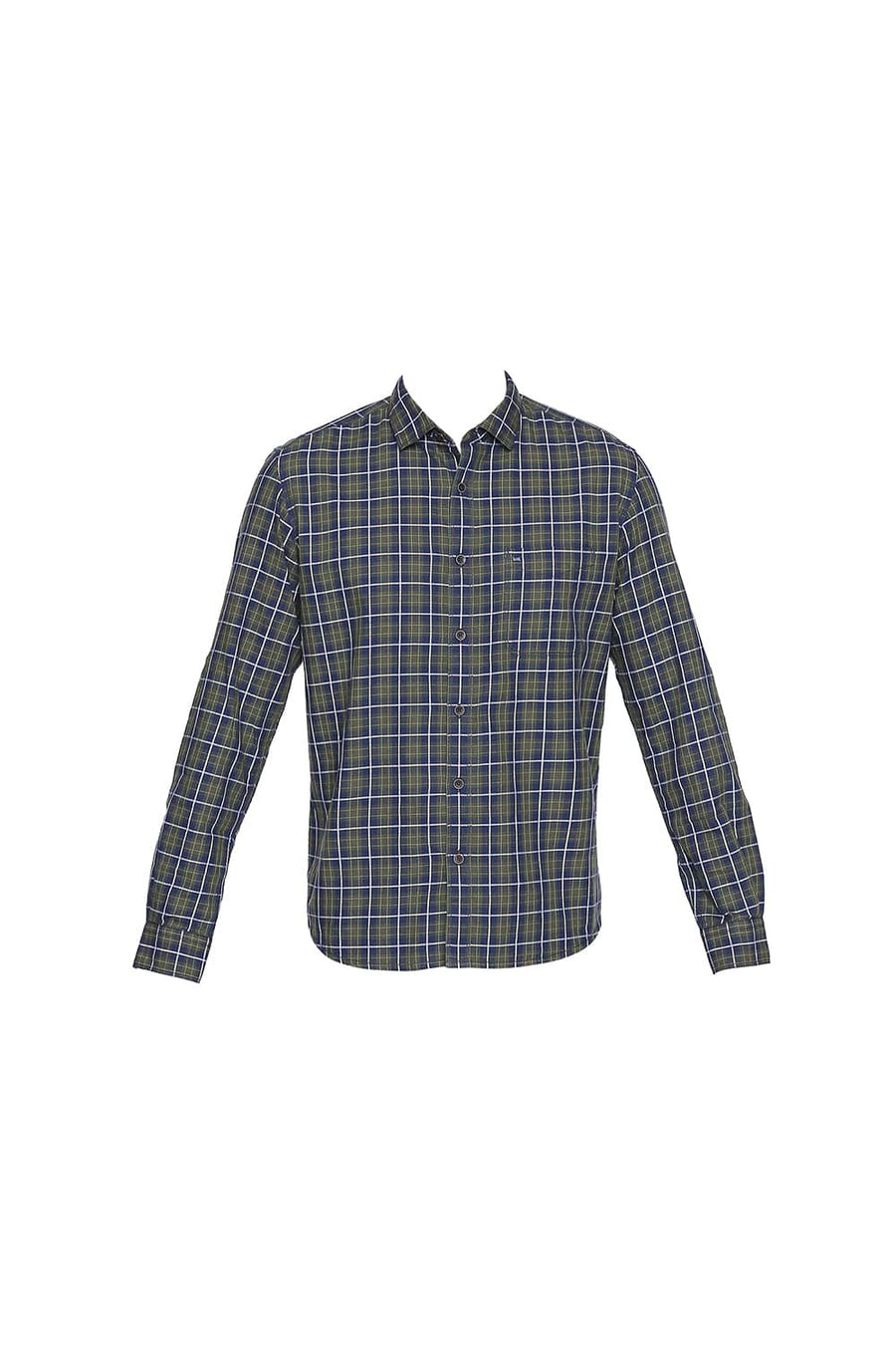 BASICS SLIM FIT OLIVE GREEN TWILL CHECKS SHIRT