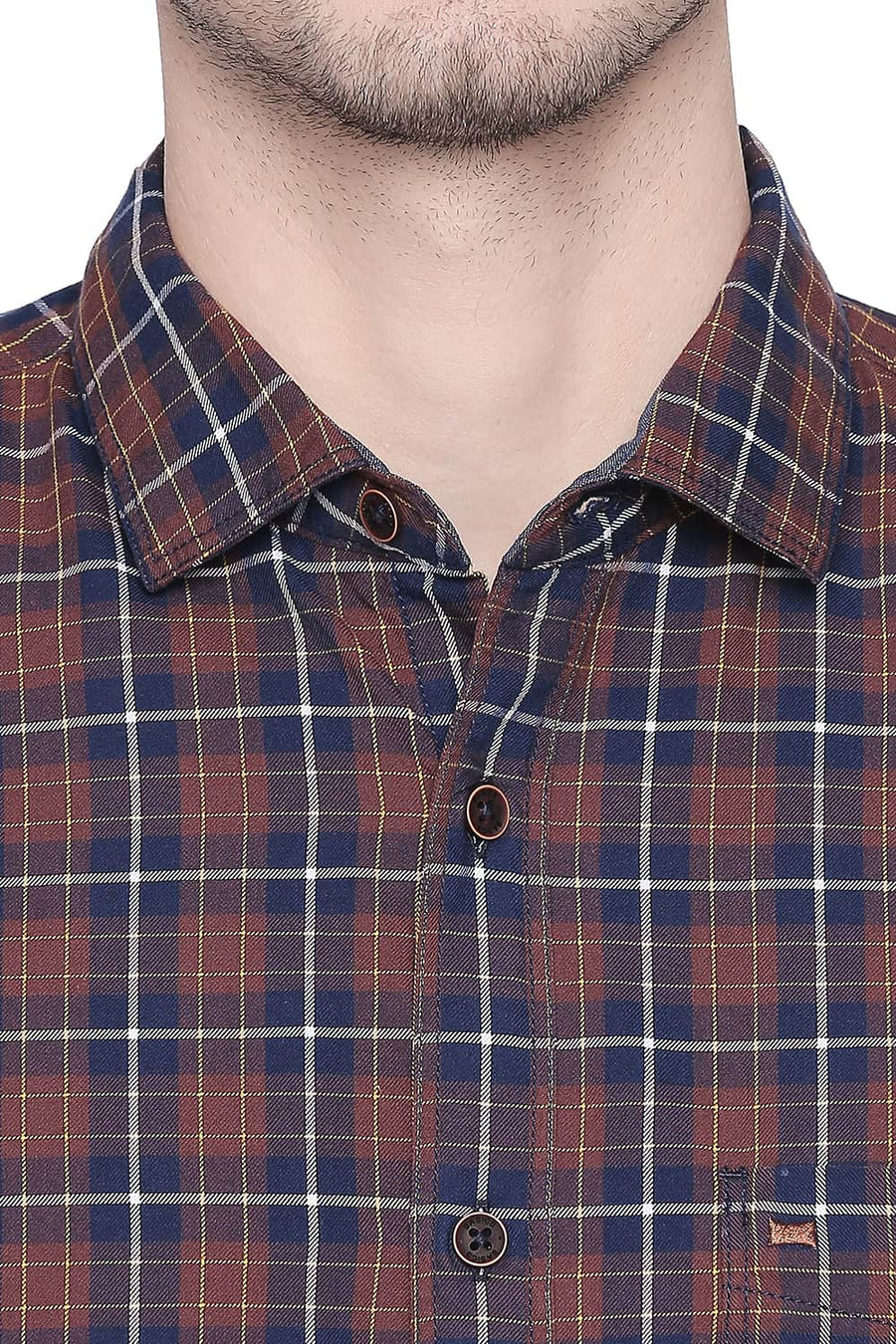 BASICS SLIM FIT AZTEC BROWN TWILL CHECKS SHIRT