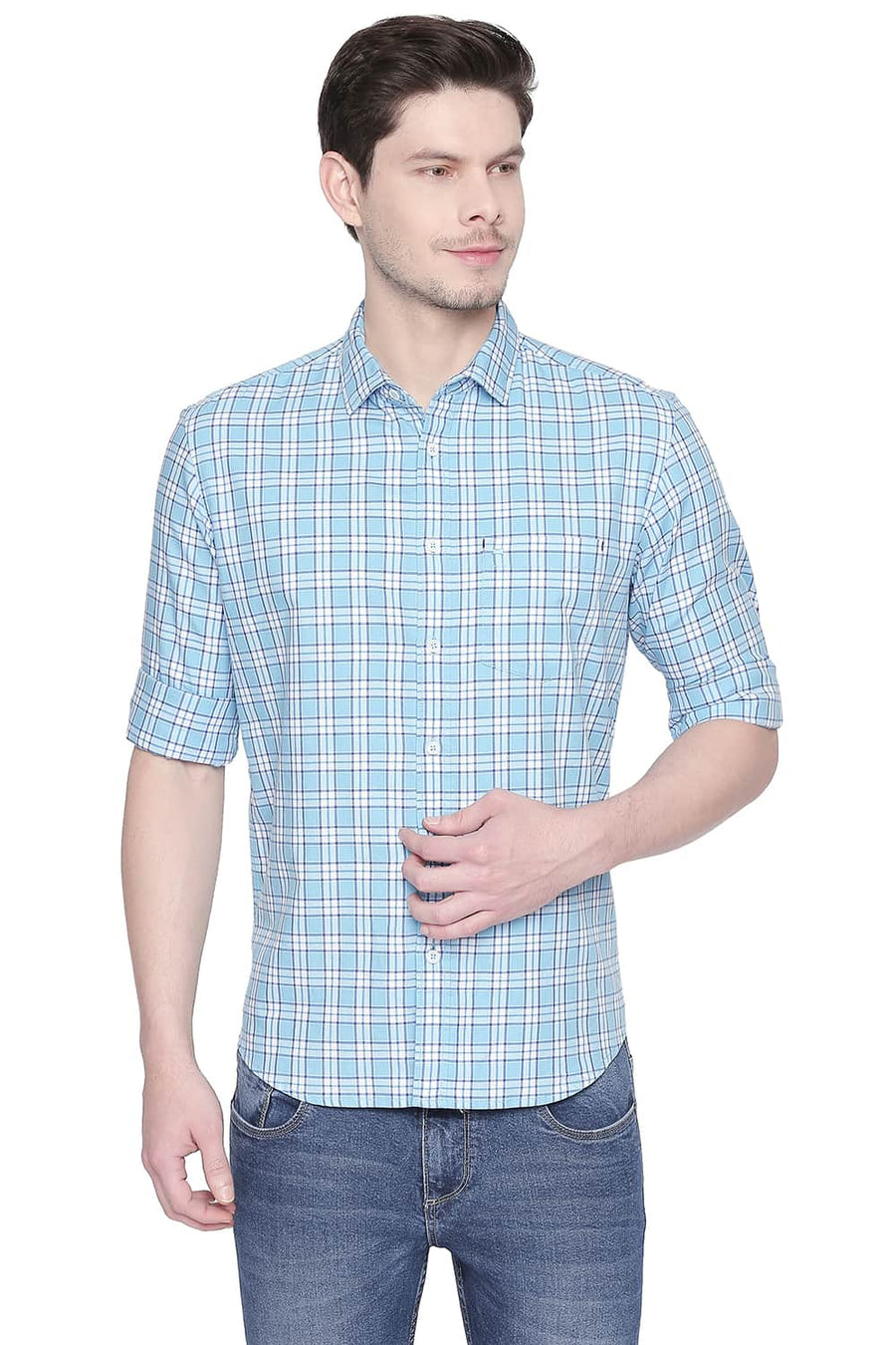 BASICS SLIM FIT ETHEREAL BLUE TWILL CHECKS SHIRT