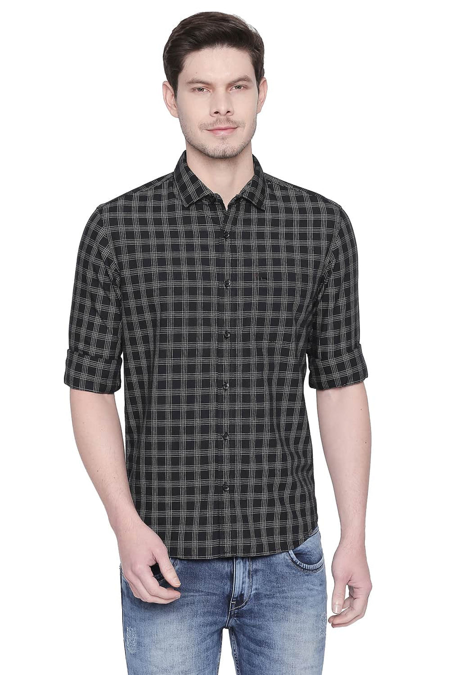 BASICS SLIM FIT PHANTOM BLACK TWILL CHECKS SHIRT