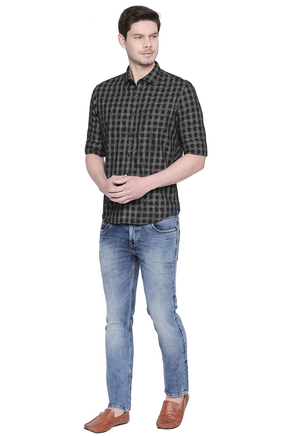 BASICS SLIM FIT TWILL CHECKS SHIRT