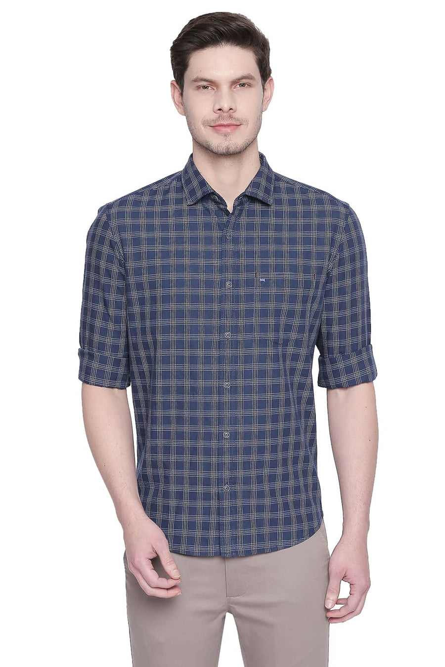 BASICS SLIM FIT POSEIDON NAVY TWILL CHECKS SHIRT