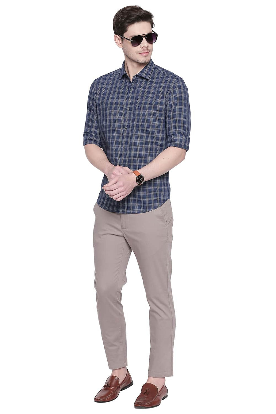 BASICS SLIM FIT POSEIDON NAVY TWILL CHECKS SHIRT