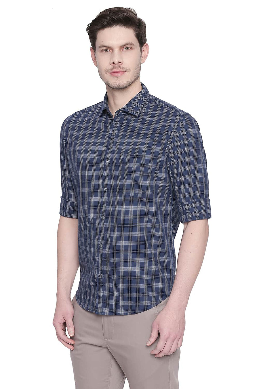 BASICS SLIM FIT POSEIDON NAVY TWILL CHECKS SHIRT