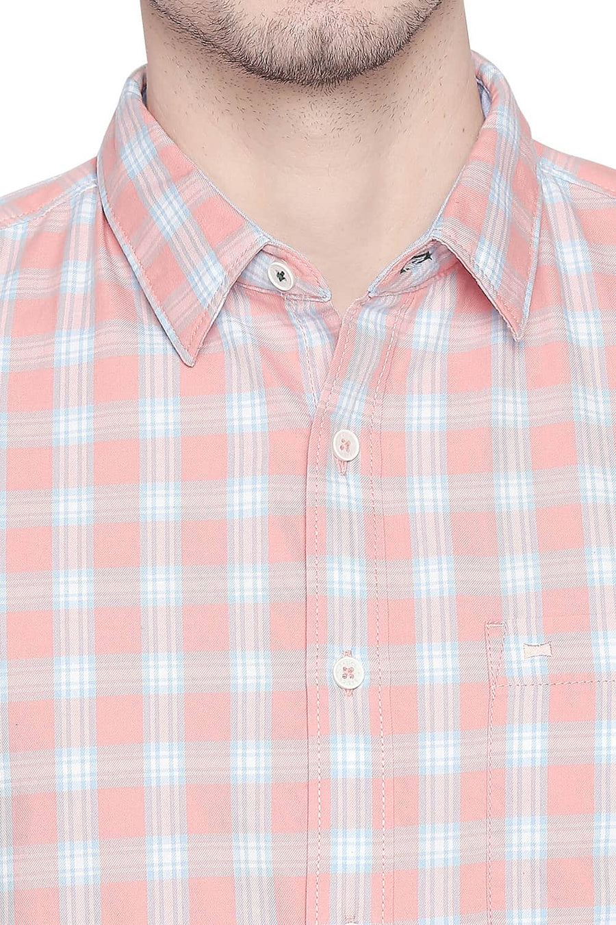 BASICS SLIM FIT APRICOT ORANGE TWILL CHECKS SHIRT