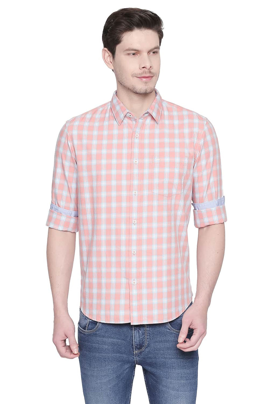 BASICS SLIM FIT APRICOT ORANGE TWILL CHECKS SHIRT