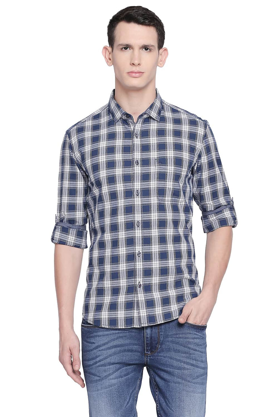 BASICS SLIM FIT ENSIGN BLUE TWILL CHECKS SHIRT