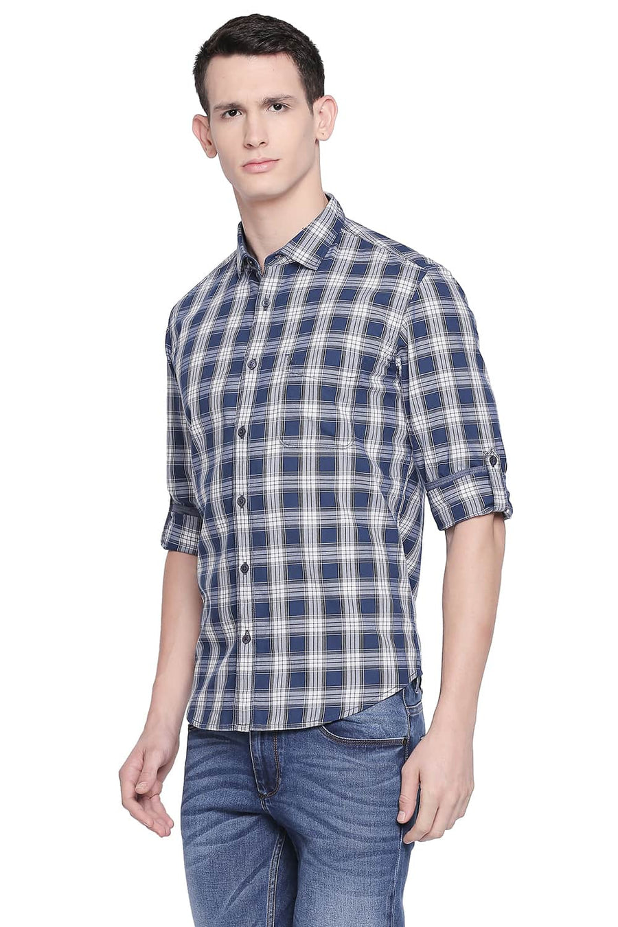 BASICS SLIM FIT ENSIGN BLUE TWILL CHECKS SHIRT