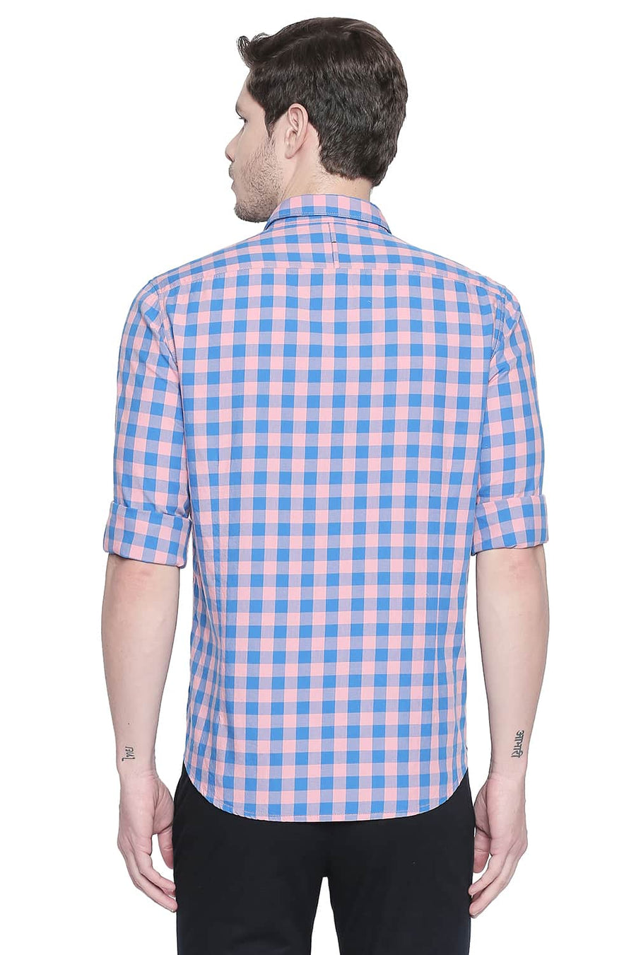 BASICS SLIM FIT CANDLELIGHT PEACH TWILL CHECKS SHIRT