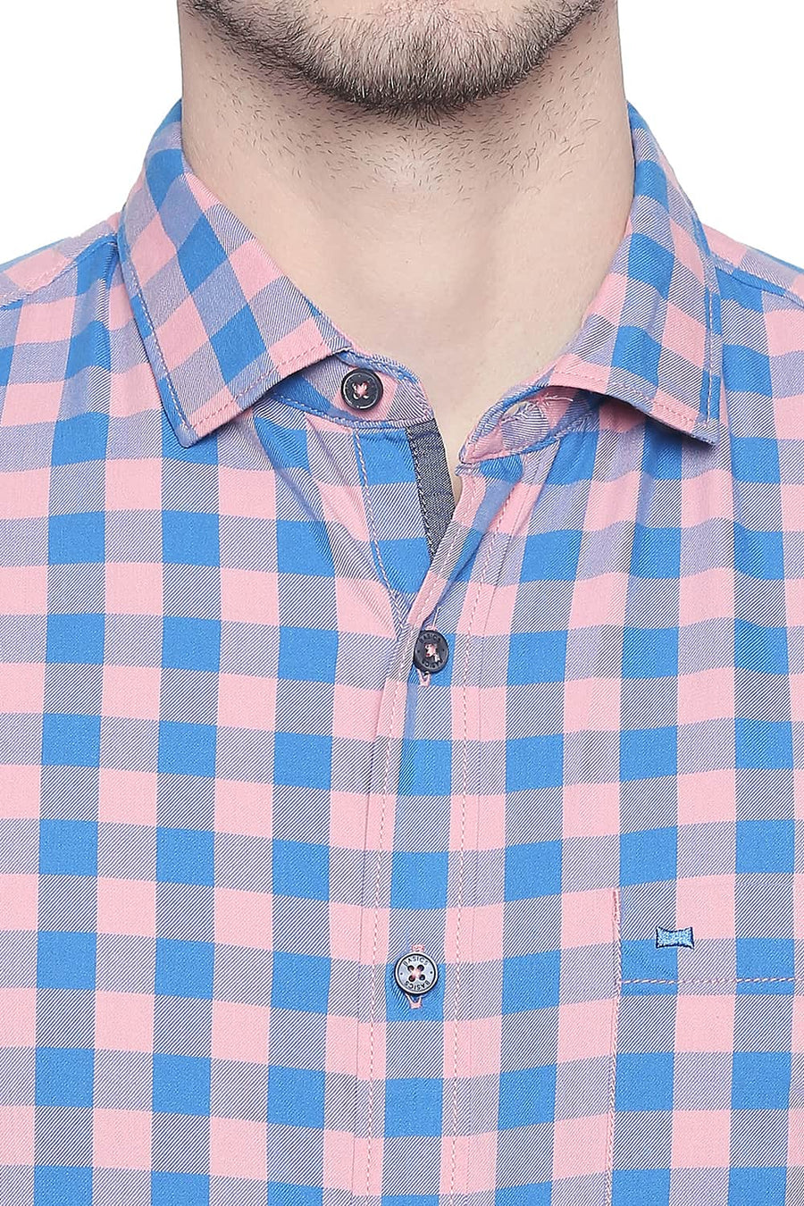 BASICS SLIM FIT CANDLELIGHT PEACH TWILL CHECKS SHIRT