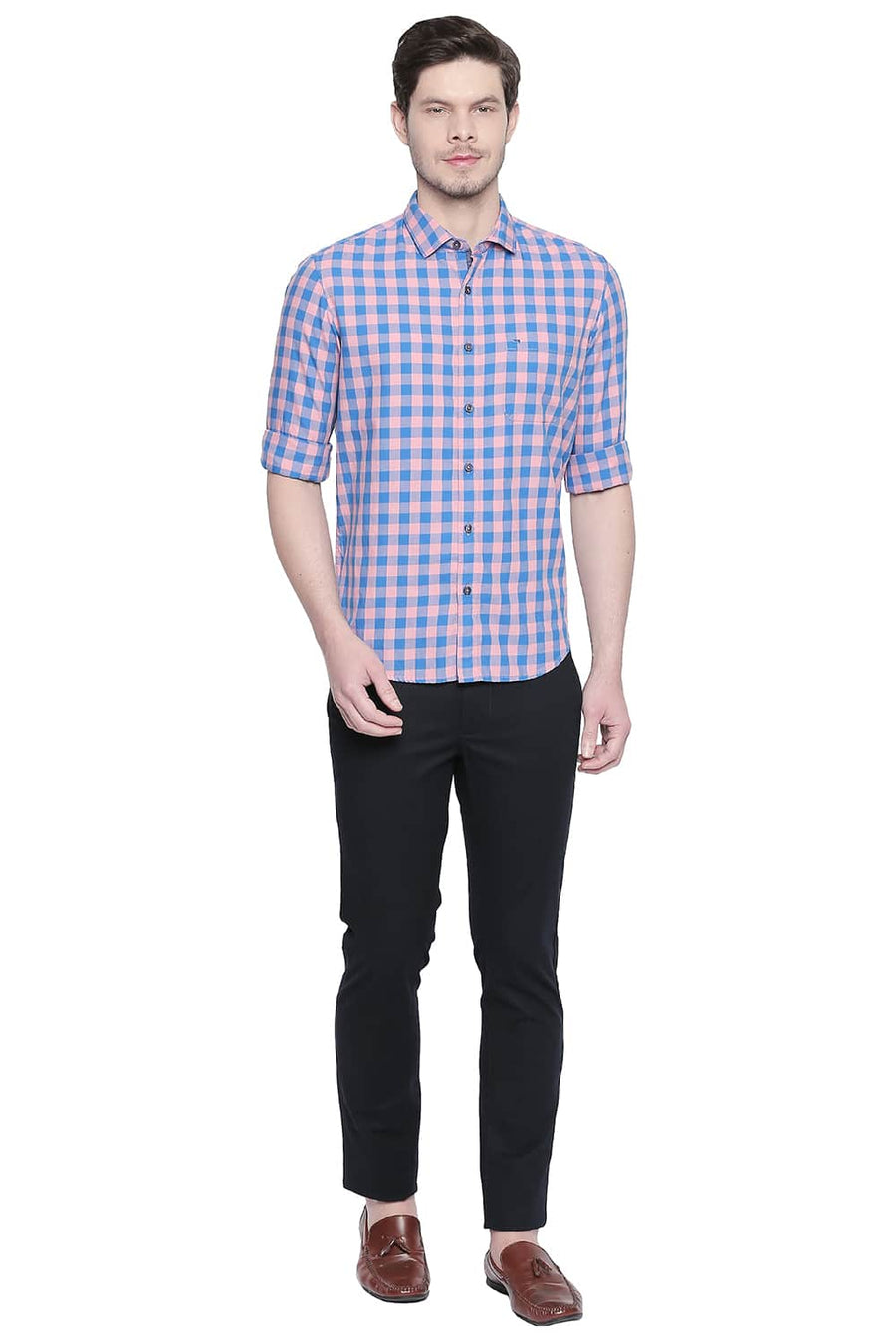 BASICS SLIM FIT CANDLELIGHT PEACH TWILL CHECKS SHIRT