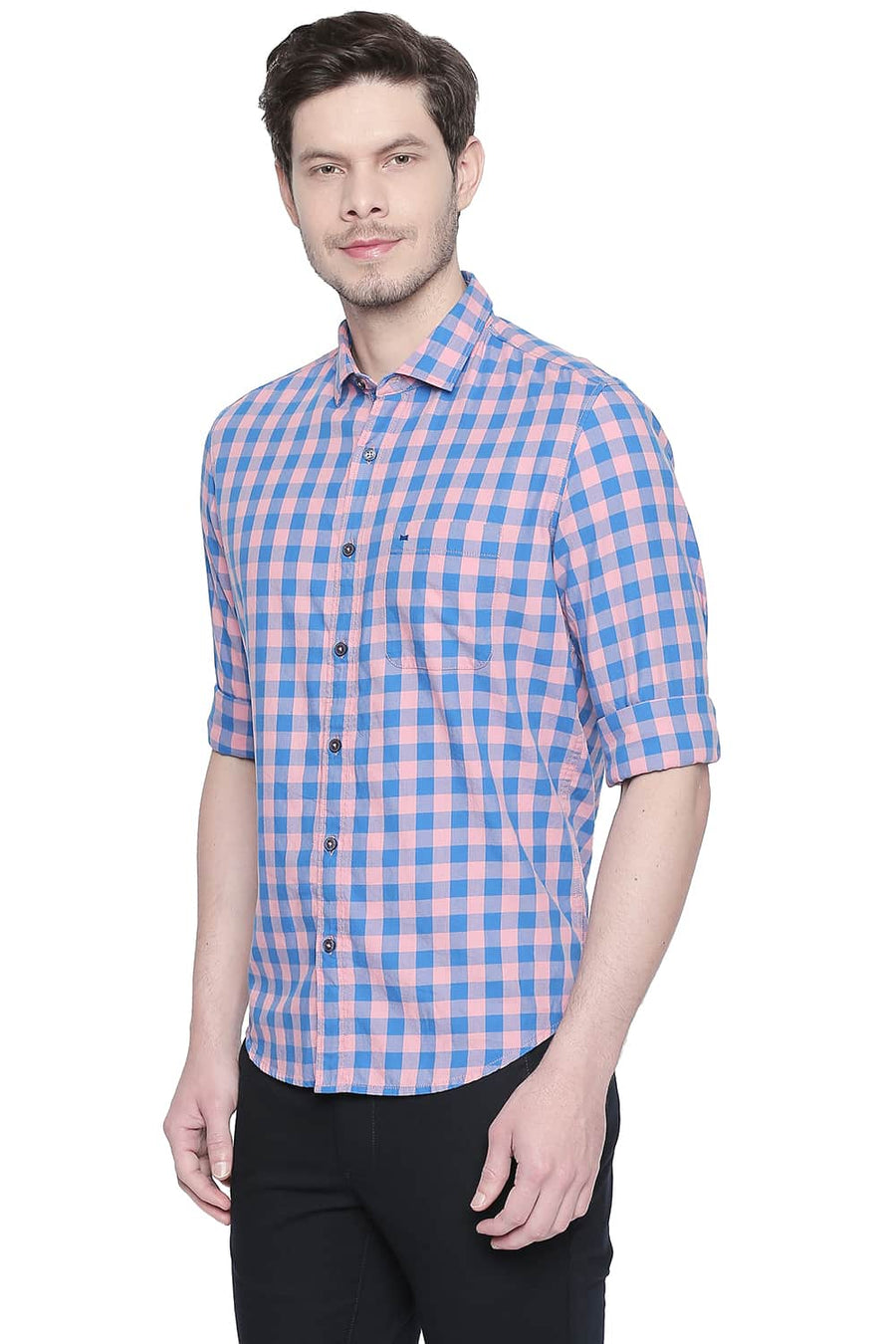 BASICS SLIM FIT CANDLELIGHT PEACH TWILL CHECKS SHIRT