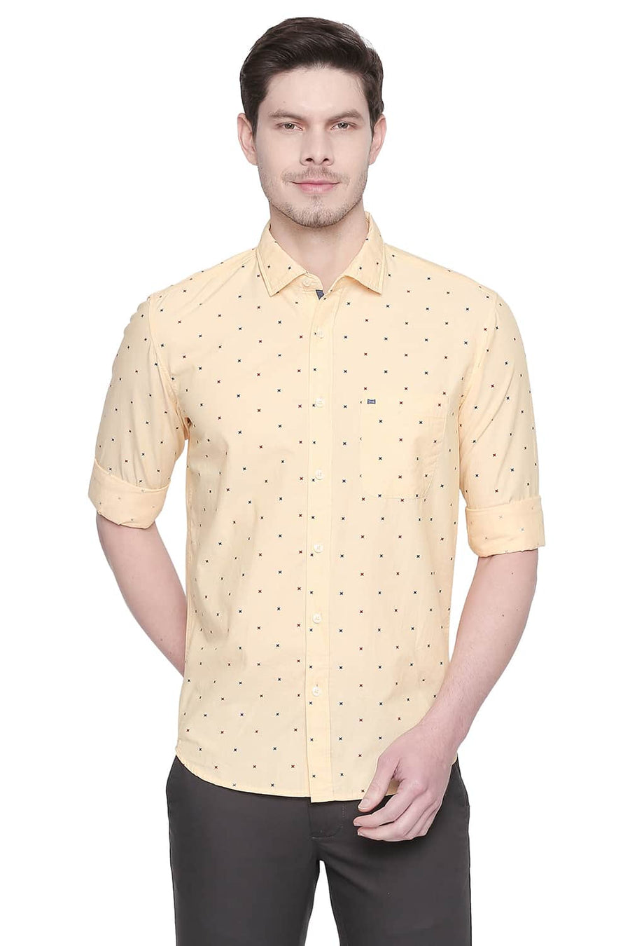 BASICS SLIM FIT GOLDEN YELLOW PRINTED FIL A FIL SHIRT