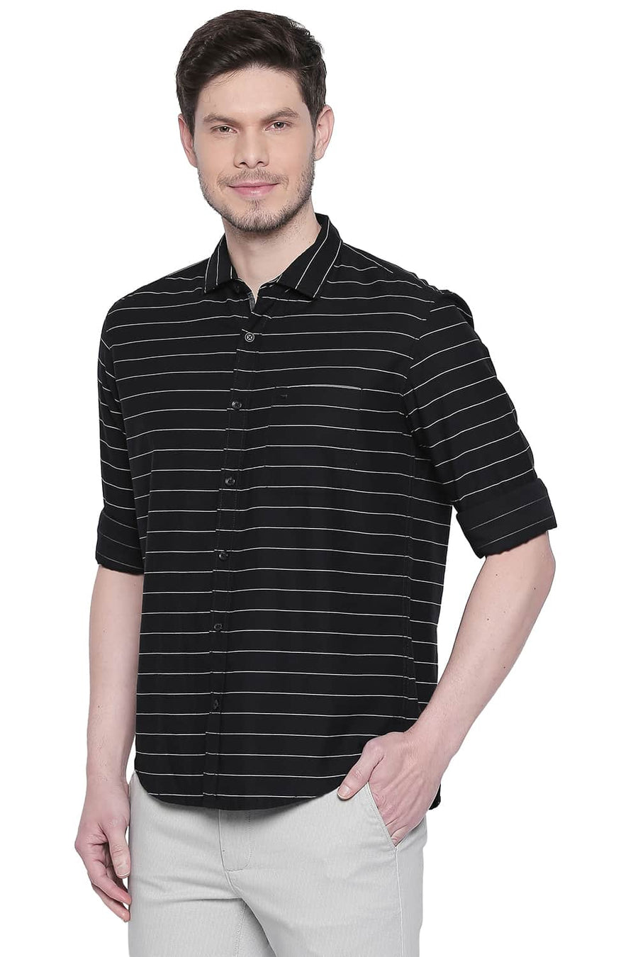 BASICS SLIM FIT ANTHRACITE BLACK WEFT STRIPES SHIRT