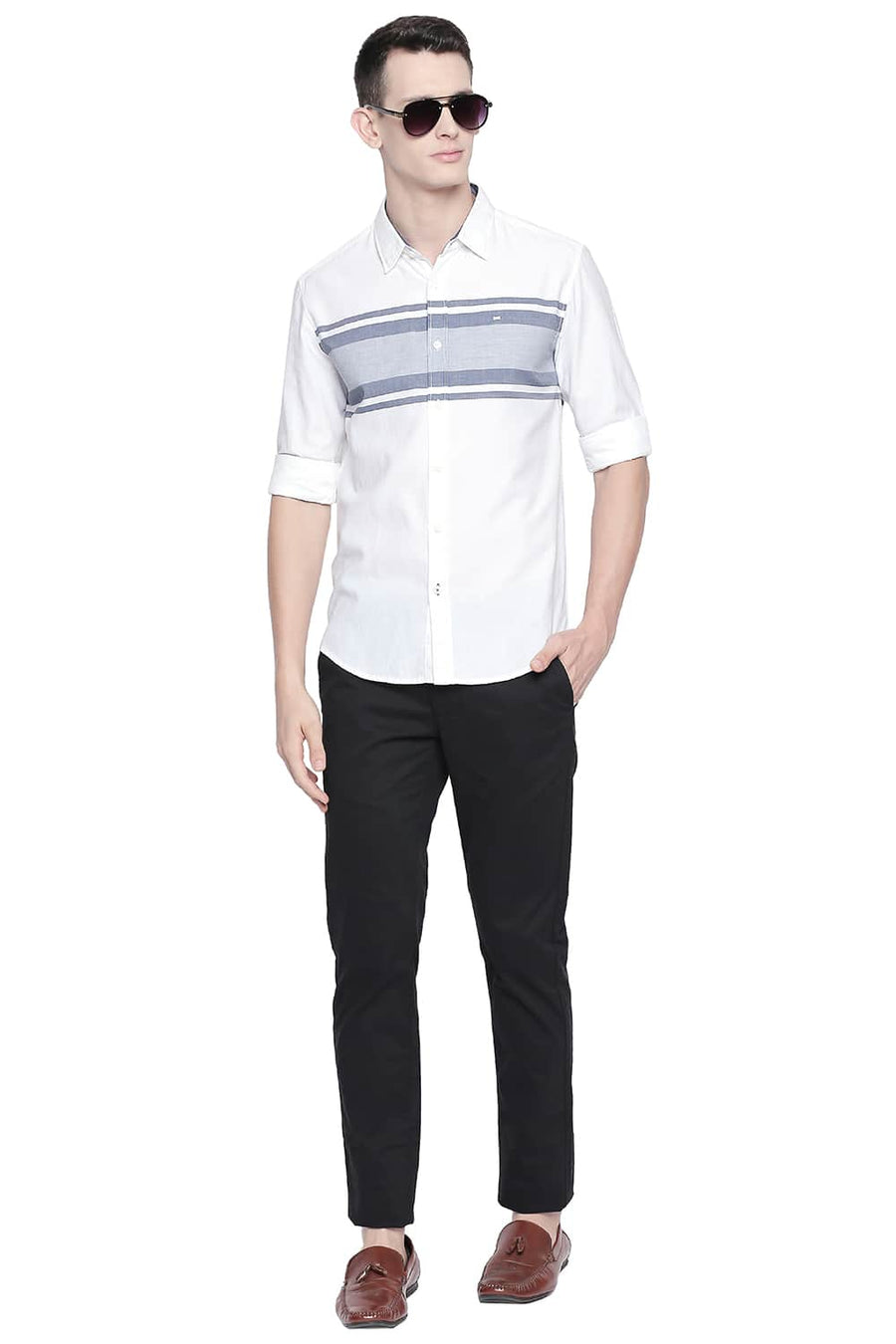BASICS SLIM FIT BRIGHT WHITE ENGINEERED STRIPES SHIRT