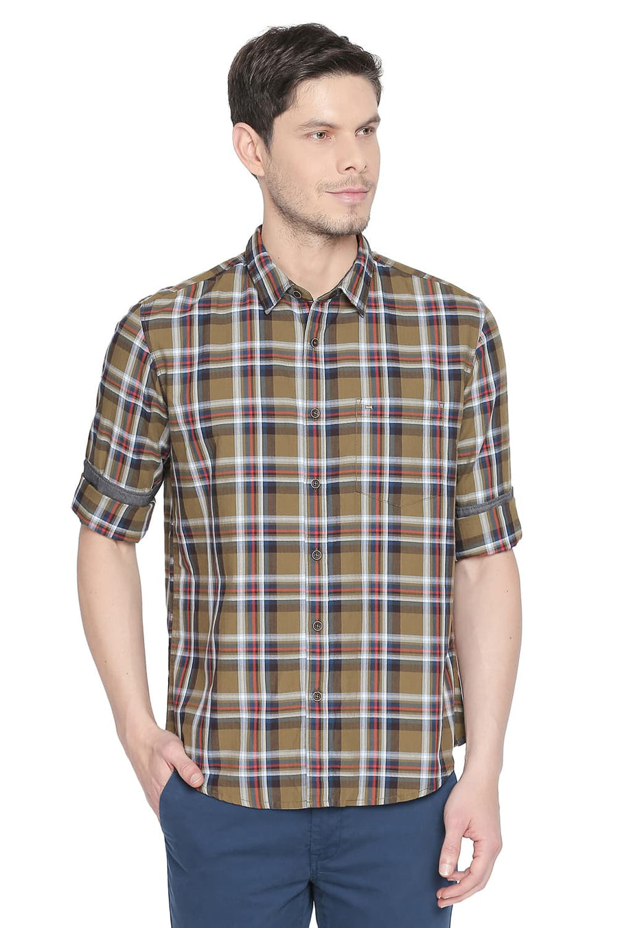 BASICS SLIM FIT OLIVE BRANCH CHECKS SHIRT