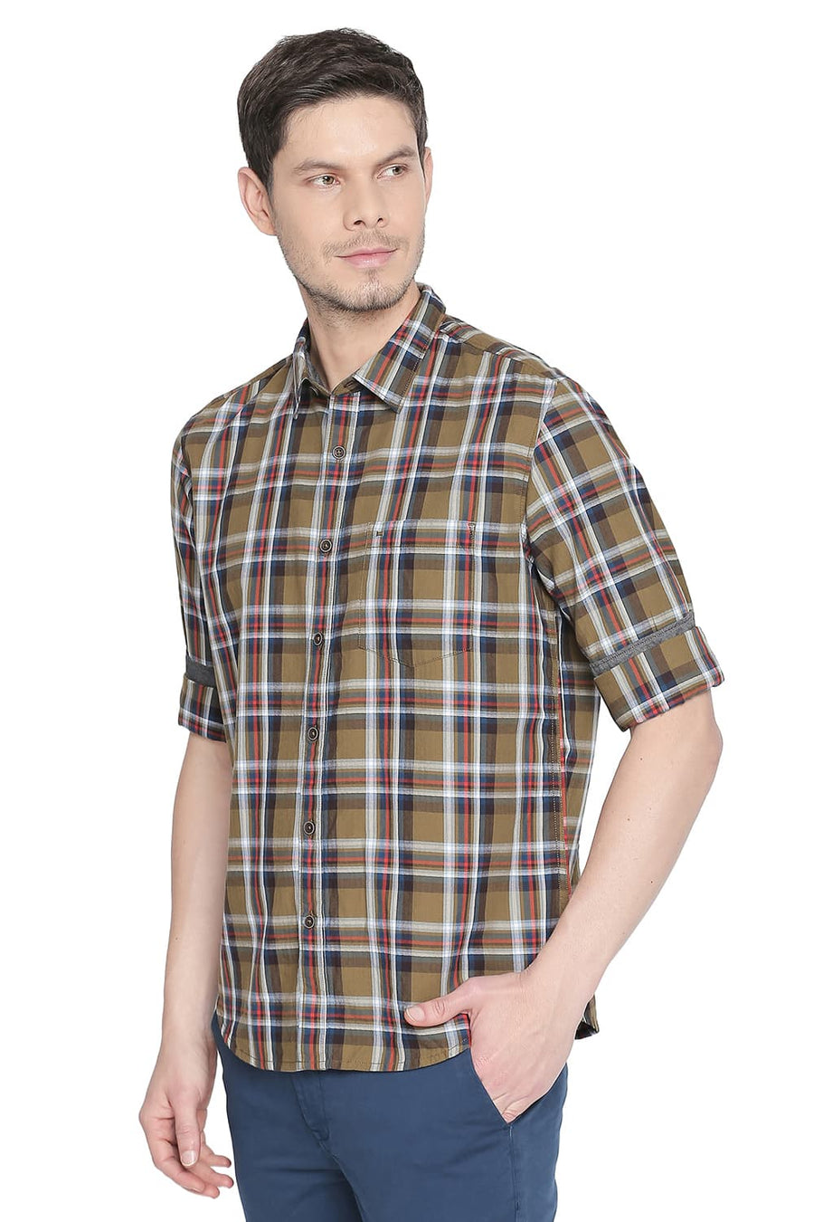 BASICS SLIM FIT OLIVE BRANCH CHECKS SHIRT
