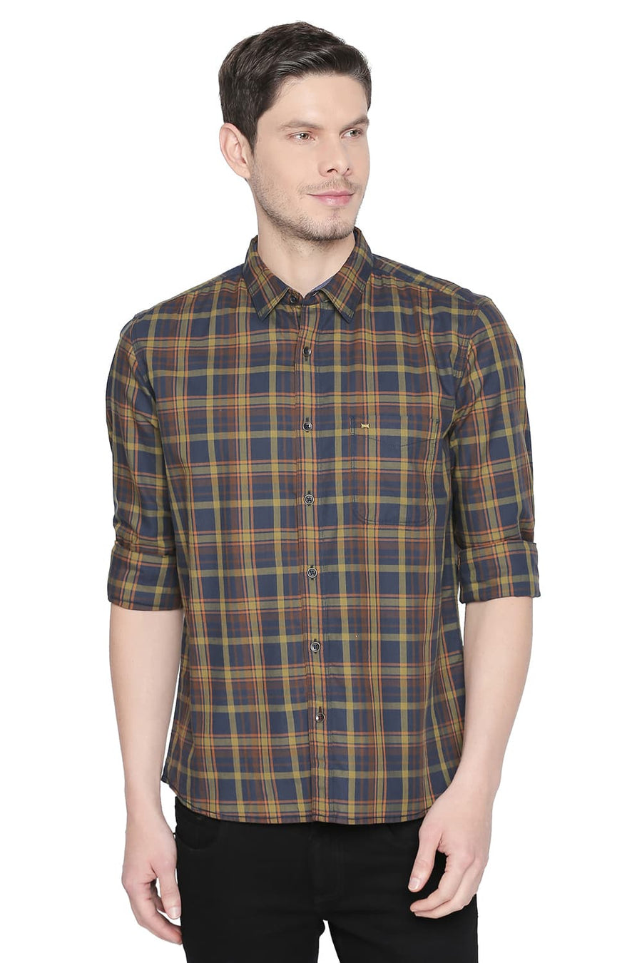 BASICS SLIM FIT WOODBINE GREEN TWILL CHECKS SHIRT