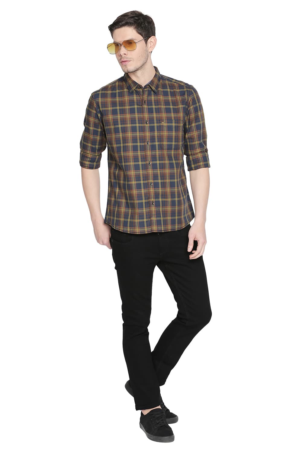 BASICS SLIM FIT TWILL CHECKS SHIRT