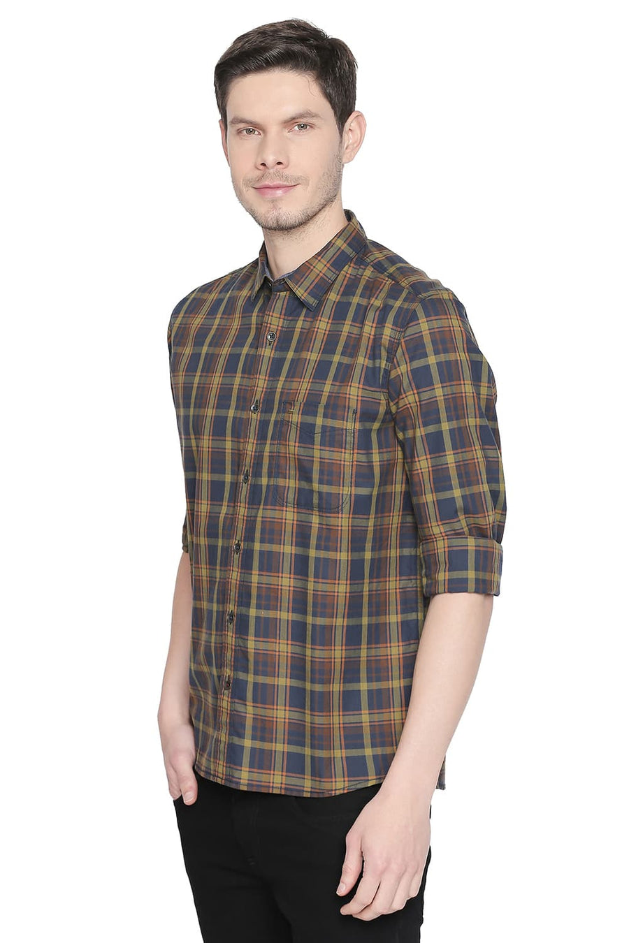 BASICS SLIM FIT WOODBINE GREEN TWILL CHECKS SHIRT