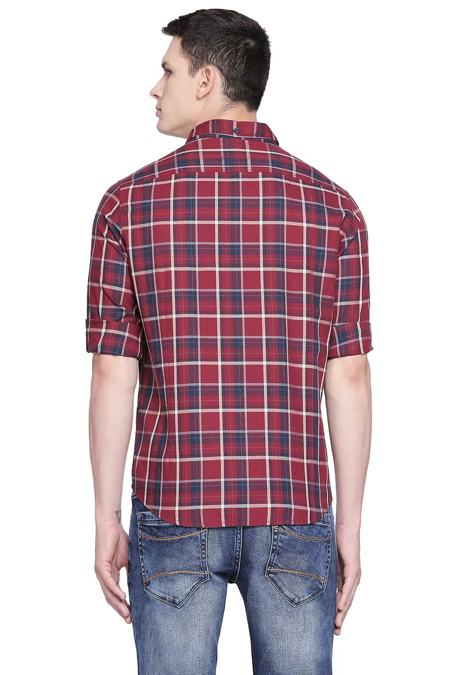 BASICS SLIM FIT TIBETAN MAROON TWILL CHECKS SHIRT