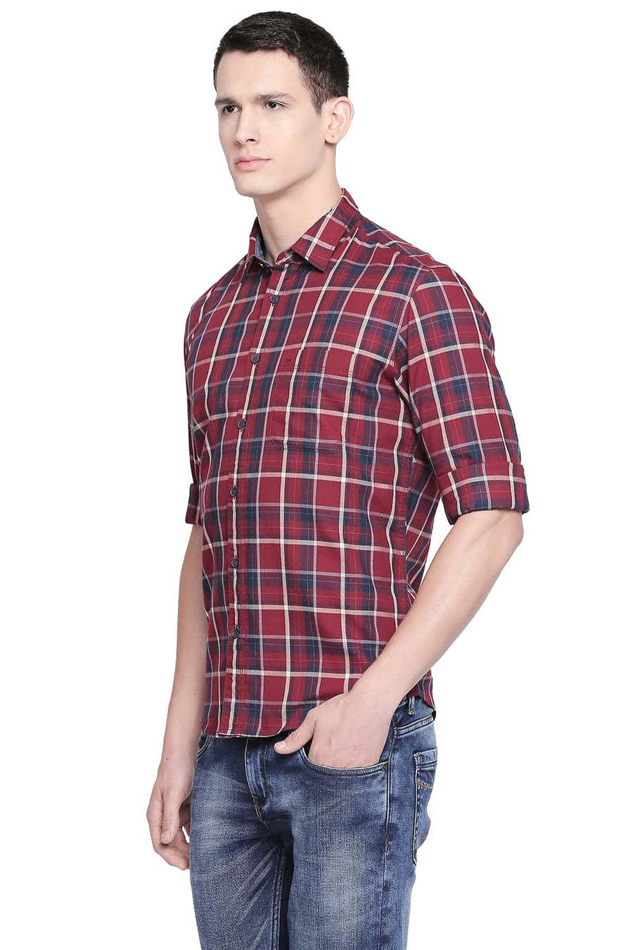 BASICS SLIM FIT TIBETAN MAROON TWILL CHECKS SHIRT