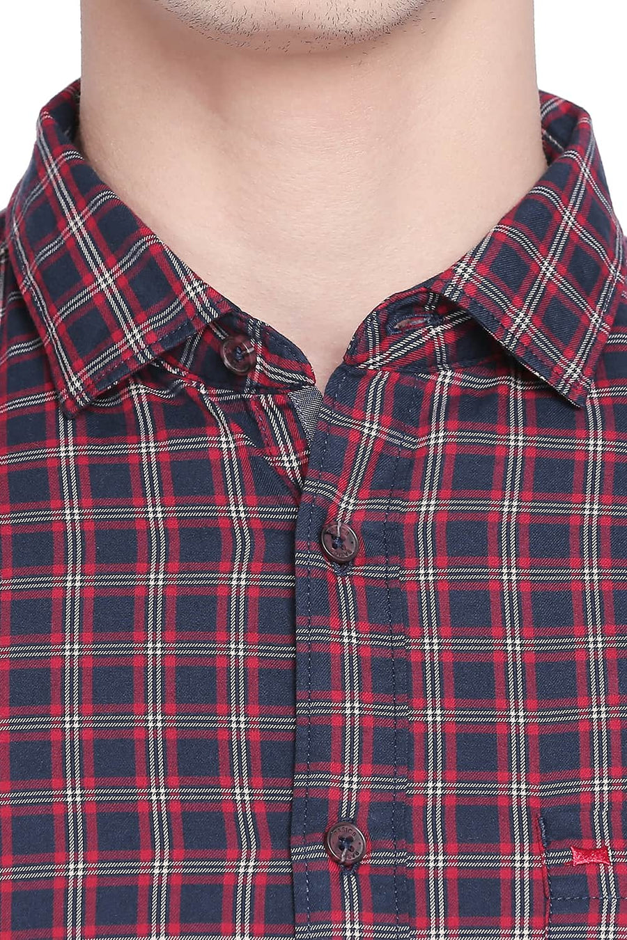 BASICS SLIM FIT TANGO RED TWILL CHECKS SHIRT
