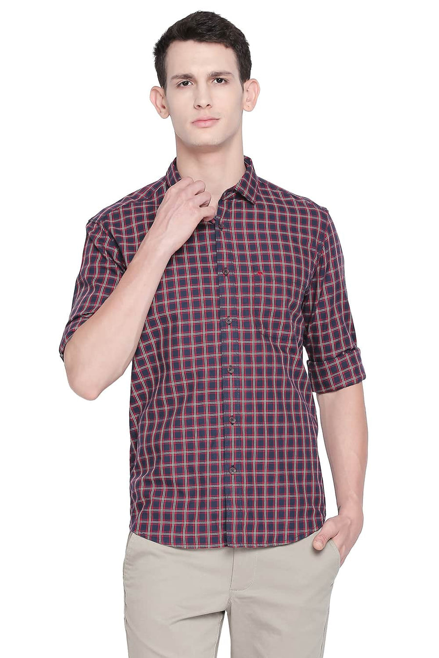 BASICS SLIM FIT TANGO RED TWILL CHECKS SHIRT