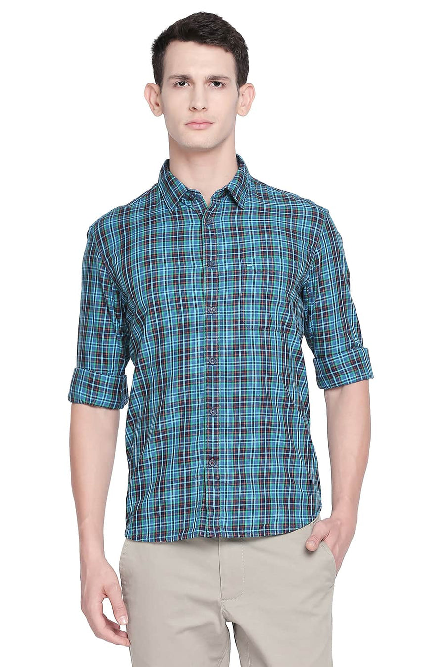 BASICS SLIM FIT LEPRECHAUN GREEN TWILL CHECKS SHIRT