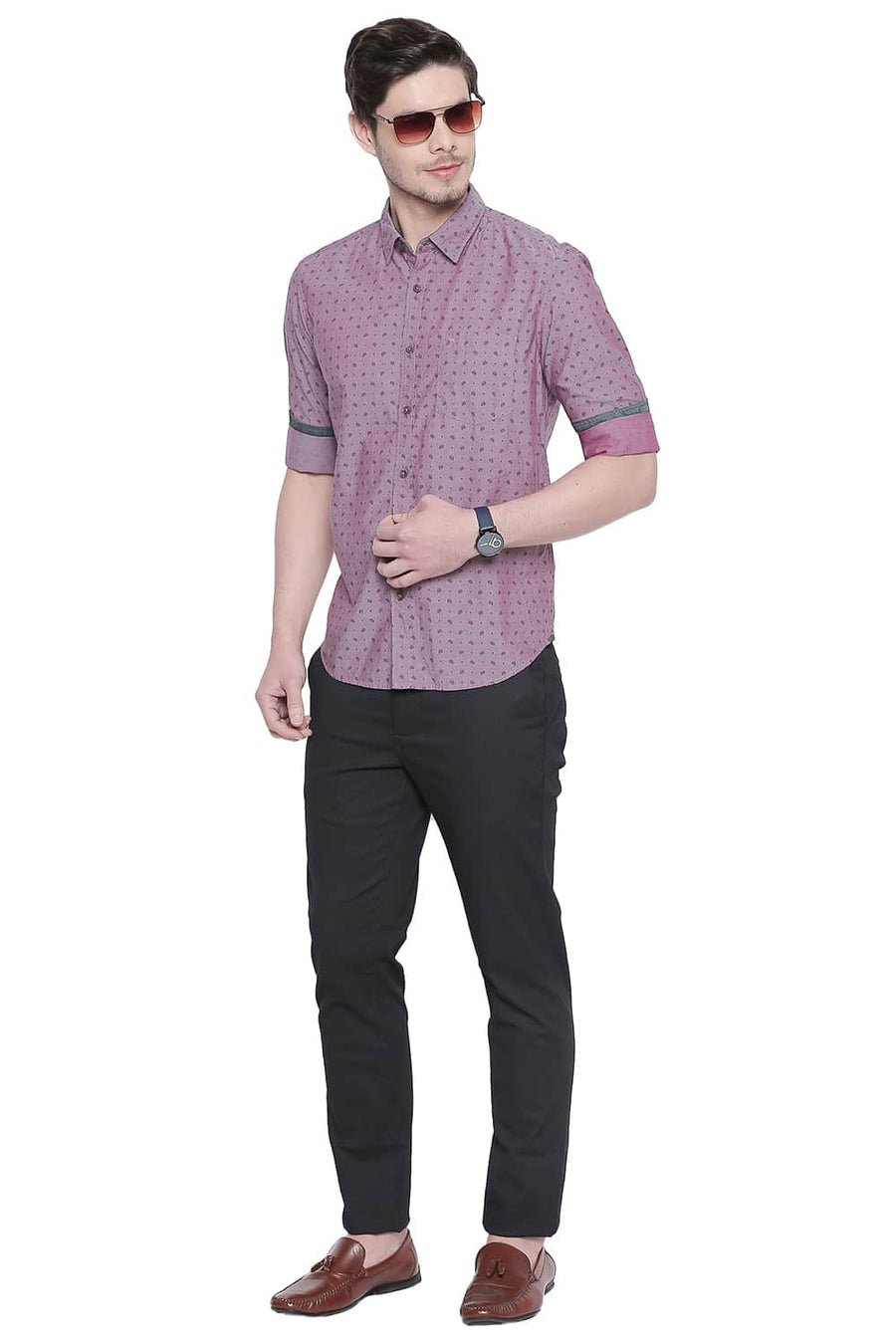BASICS SLIM FIT RASPBERRY PINK CHAMBRAY PRINTED SHIRT
