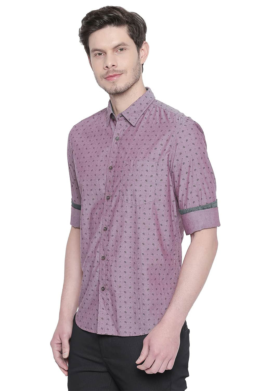 BASICS SLIM FIT RASPBERRY PINK CHAMBRAY PRINTED SHIRT