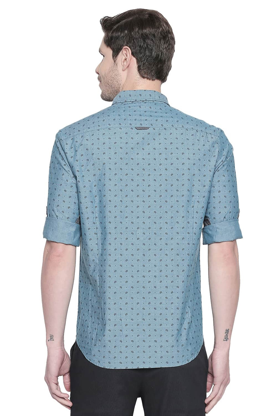 BASICS SLIM FIT LAKE GREEN CHAMBRAY PRINTED SHIRT