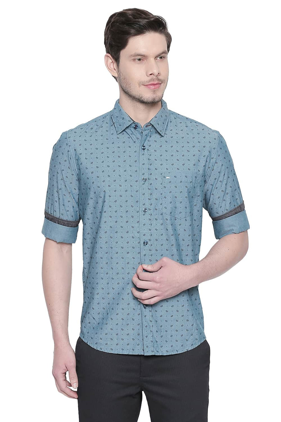 BASICS SLIM FIT LAKE GREEN CHAMBRAY PRINTED SHIRT