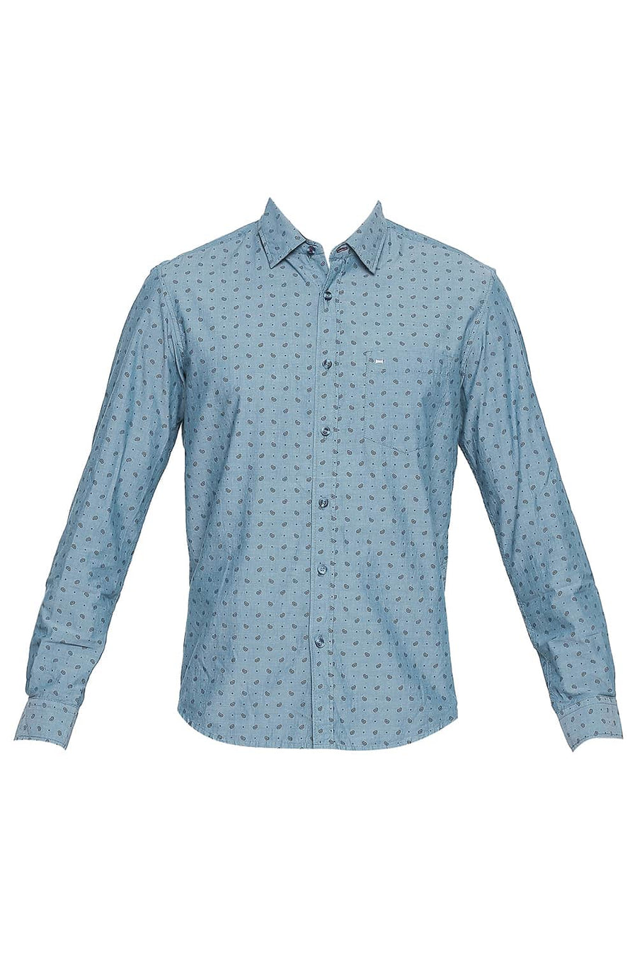BASICS SLIM FIT LAKE GREEN CHAMBRAY PRINTED SHIRT