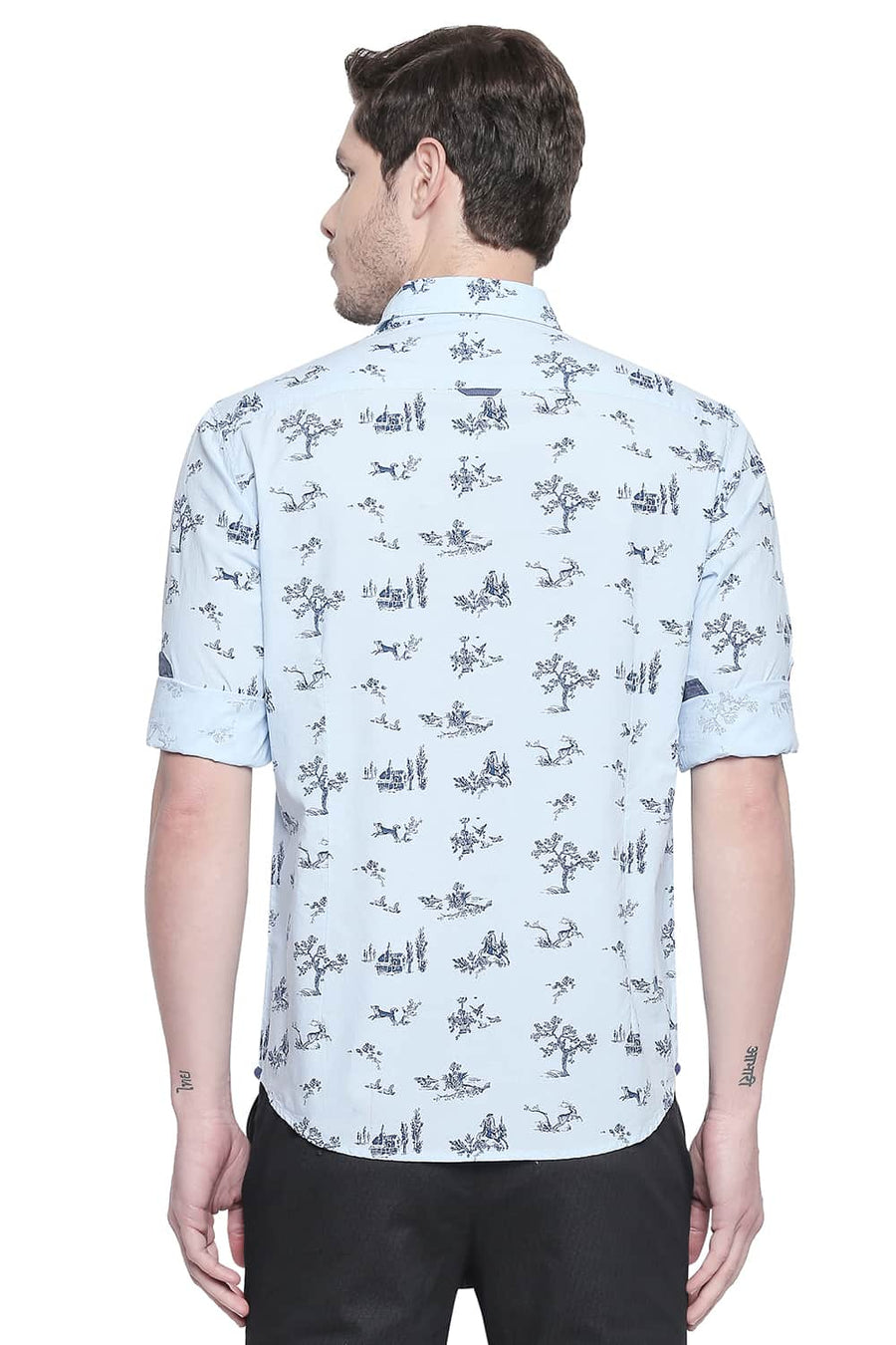 BASICS SLIM FIT DREAM BLUE CHAMBRAY PRINTED SHIRT