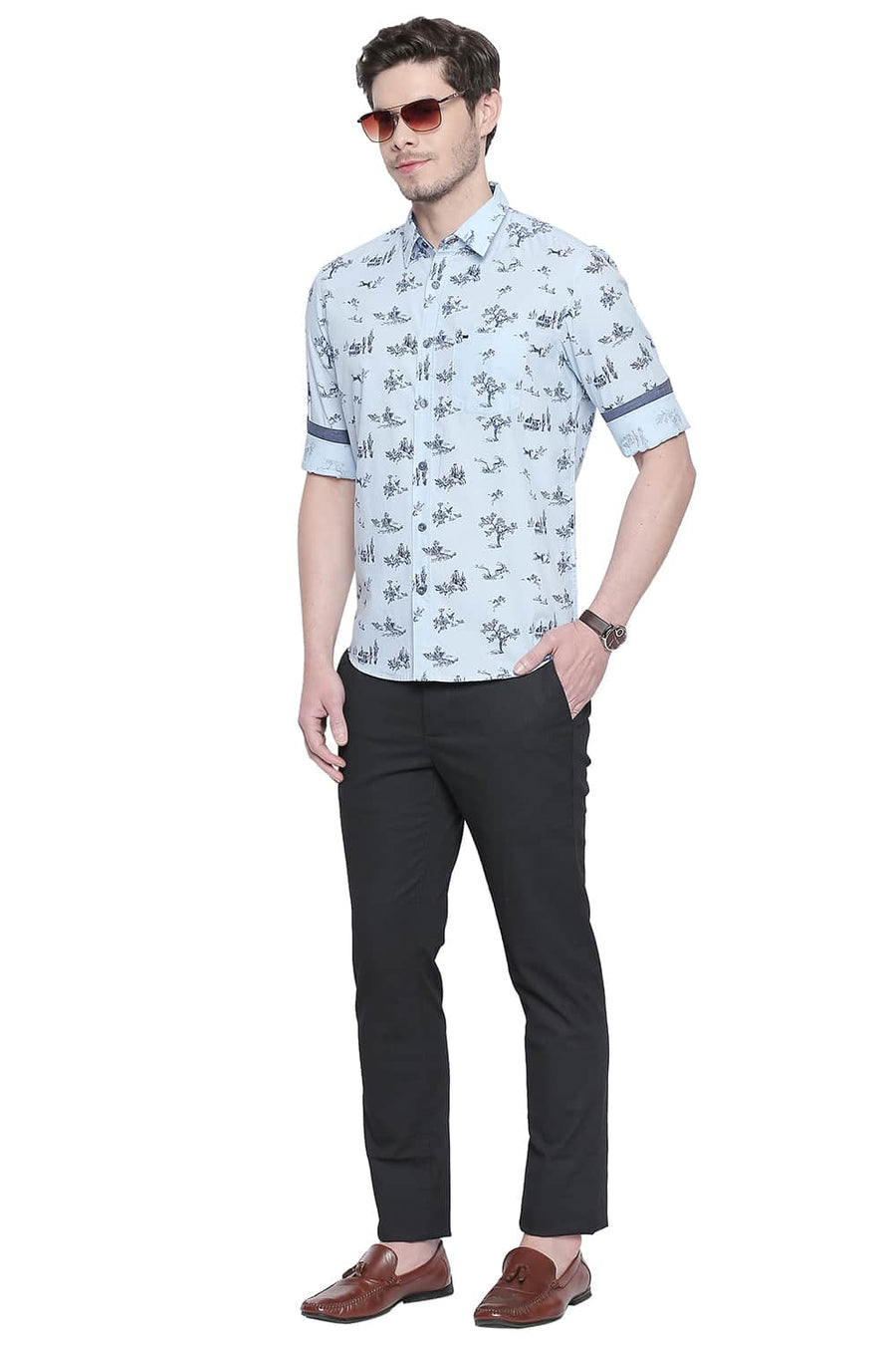 BASICS SLIM FIT DREAM BLUE CHAMBRAY PRINTED SHIRT