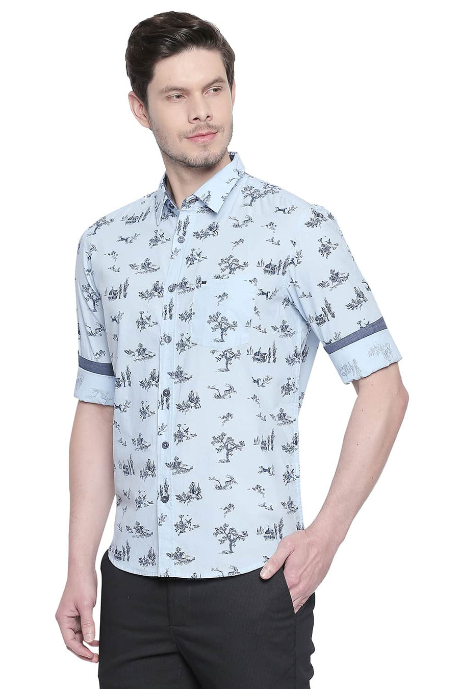 BASICS SLIM FIT DREAM BLUE CHAMBRAY PRINTED SHIRT