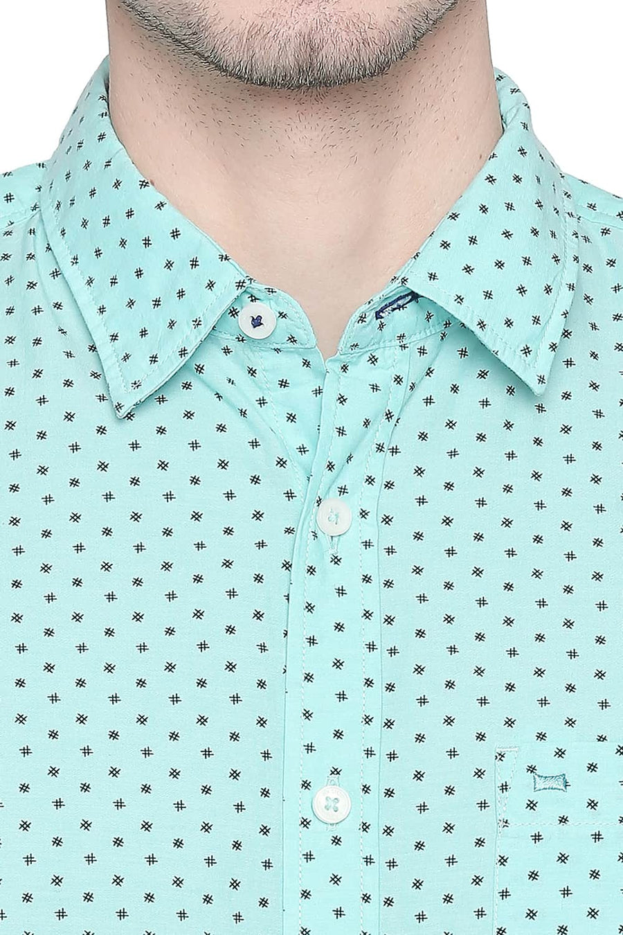 BASICS SLIM FIT COCKATOO GREEN CHAMBRAY PRINTED SHIRT