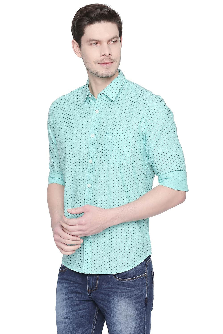 BASICS SLIM FIT COCKATOO GREEN CHAMBRAY PRINTED SHIRT