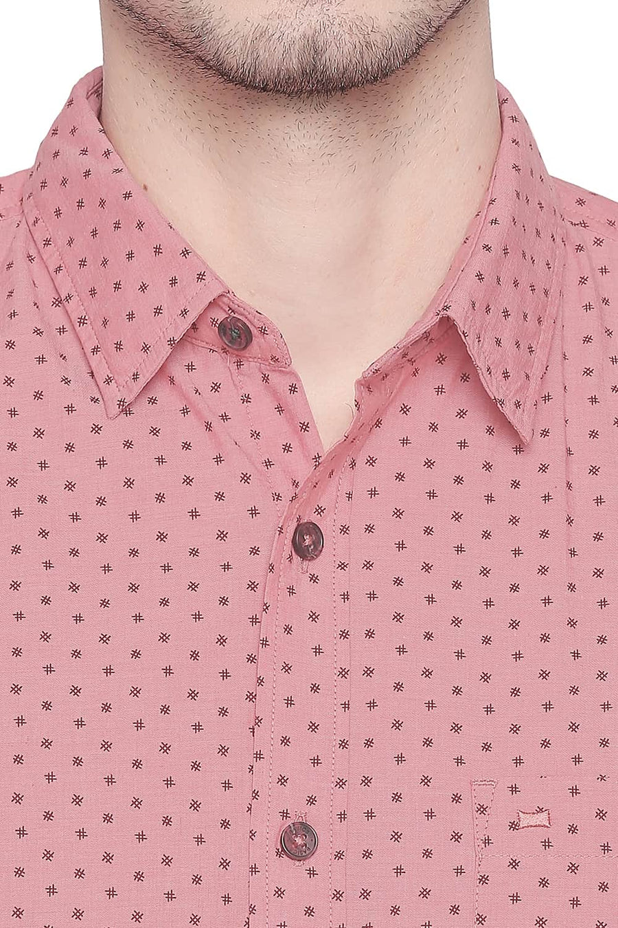 BASICS SLIM FIT CORAL ORANGE CHAMBRAY PRINTED SHIRT
