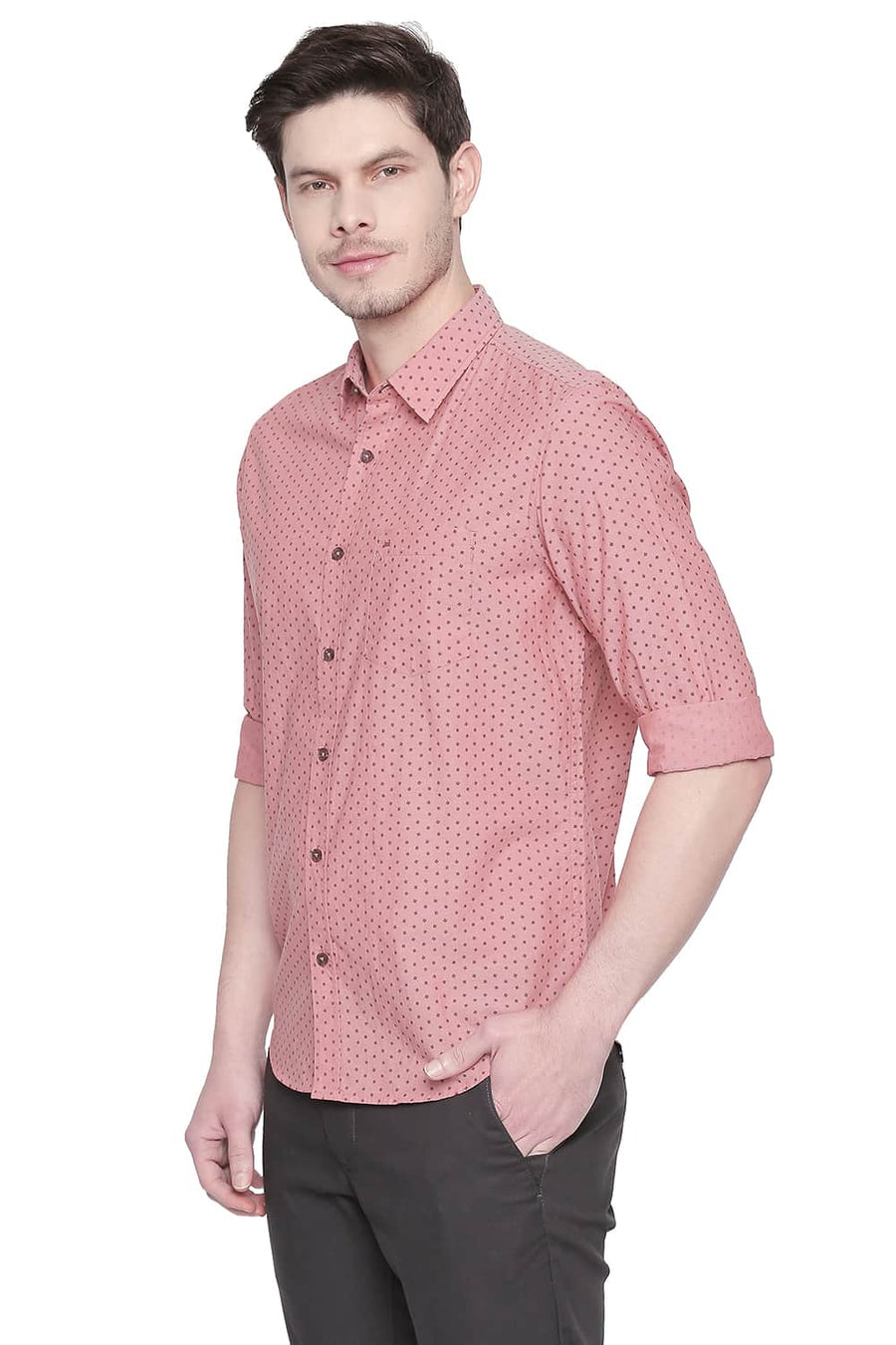 BASICS SLIM FIT CORAL ORANGE CHAMBRAY PRINTED SHIRT