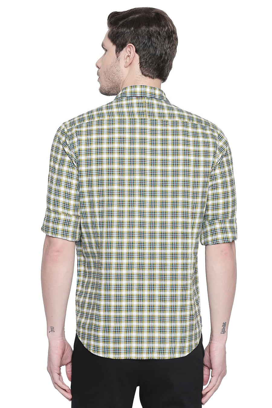 BASICS SLIM FIT CITRON GREEN DOBBY CHECKS SHIRT