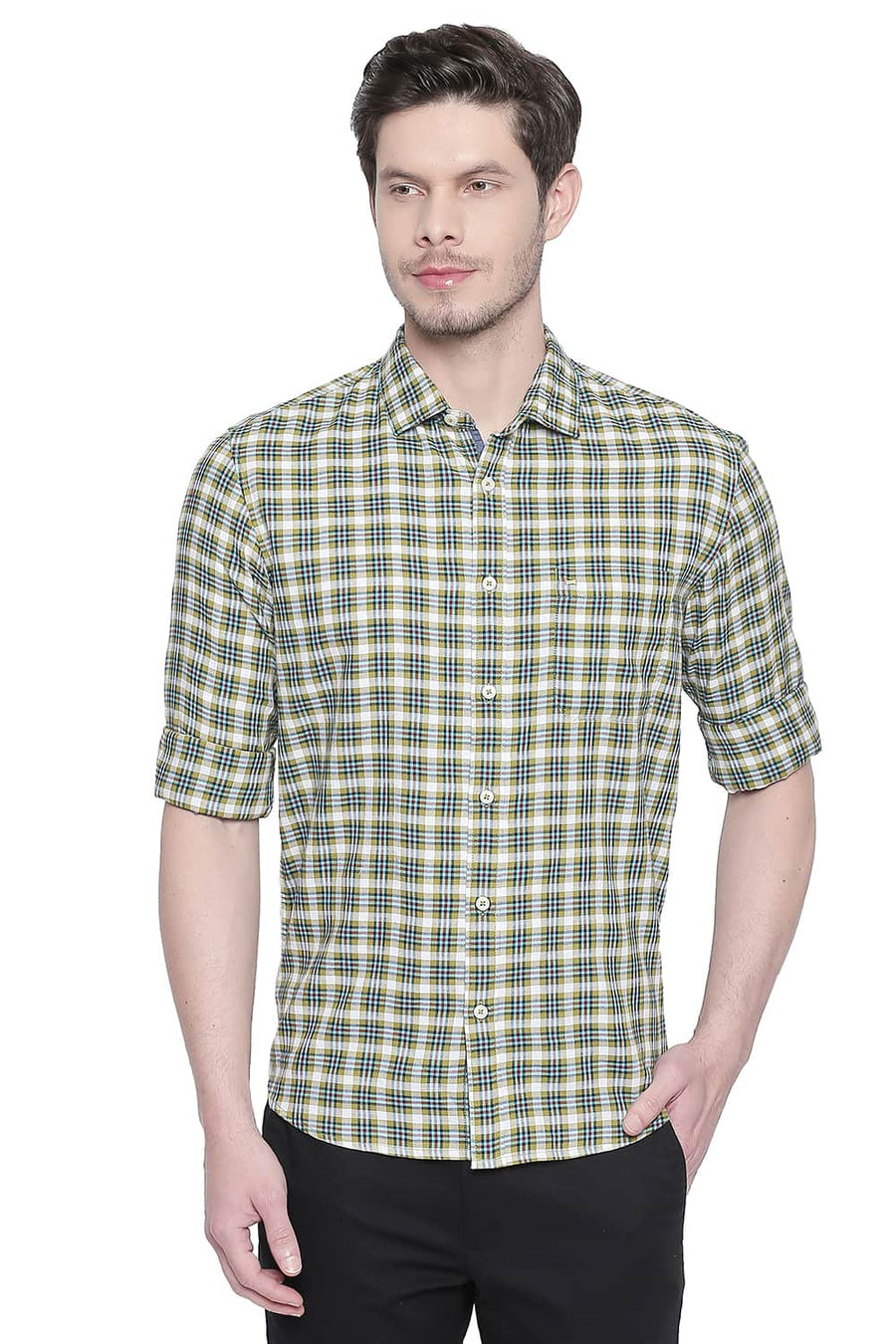 BASICS SLIM FIT CITRON GREEN DOBBY CHECKS SHIRT