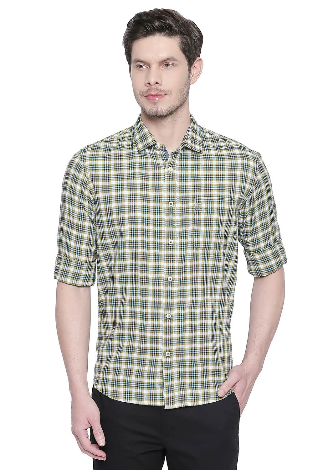 BASICS SLIM FIT DOBBY CHECKS SHIRT