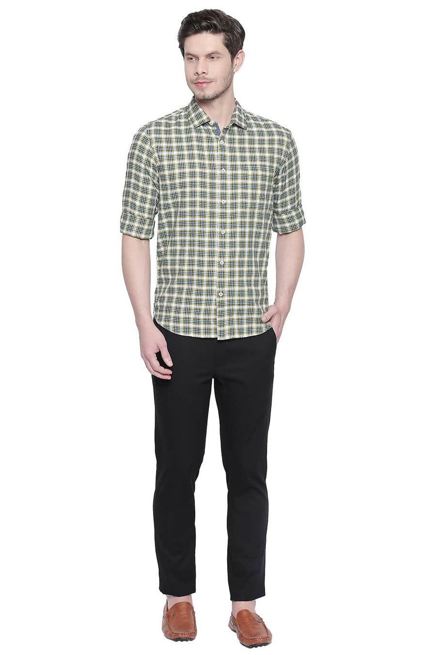 BASICS SLIM FIT CITRON GREEN DOBBY CHECKS SHIRT